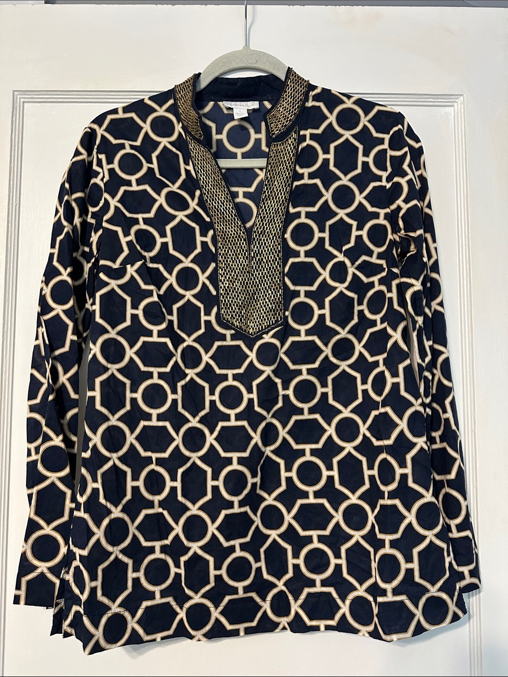 Geometric-Print Tunic Top in Navy and Cream with Beaded Neckline